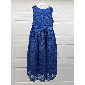 Crayon Kids Girls Royal Blue Sequins Dress Formal Party Floral Big Bow Size 9/10